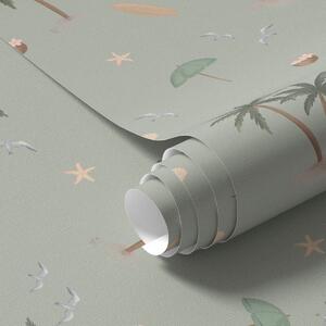 Carta da parati Palme tropicali, uccelli e conchiglie su uno sfondo verde salvia, Parati unica, a01280v1 : Uwalls.it
