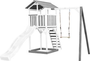 AXI Beach Tower parco giochi in legno in grigio e bianco | Torre da parco giochi con sabbiera, altalena e scivolo bianco | Casa per bambini su palafitte per il giardino
