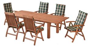 Set di mobili da giardino Merxx Comodoro 13 pezzi, 6 poltrone pieghevoli, 6 cuscini, tavolo allungabile doppio 180 (220/260) x 100 cm - eucalipto