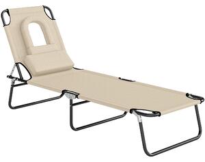 Lettino Prendisole Pieghevole con Foro per il Viso Imbottito e Schienale Reclinabile in Poliestere Beige