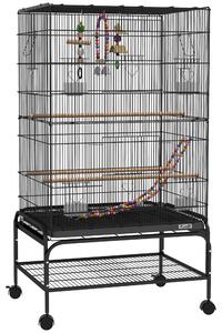 PawHut Gabbia per Uccelli con Area Gioco, Ruote, Vassoio Estraibile e Mensola, 64x45x110 cm, Nero | Aosom Italy