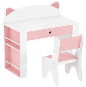 AIYAPLAY Set Tavolo Bambini con Sedia, Libreria Laterale, 3-8 Anni, Cassetto, Design con Orecchie di Volpe, Bianco | Aosom Italy