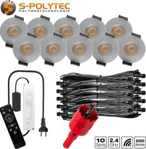 S-Polylight PREMIUM Mini faretti da incasso a LED bianco freddo 6.000K, DIMMABILE, IP65, FUNK 3W Faretti da incasso a LED per coperture di patio, illuminazione di patio, bagno, sauna, faretti a LED con telecomando (SILVER, 10x LED SET)