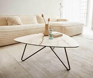 Tavolino DELIFE Ekrem, 88x85 cm, piano in Vetroceramica effetto Calacatta, finitura bianco-oro-grigio, gambe a forma di spillo, struttura in metallo con finitura effetto titanio