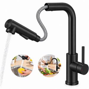 Miscelatore da cucina nero, estraibile, con doccetta, girevole a 360°, per lavello, forma a L, acciaio inossidabile 304, miscelatore monocomando, nero