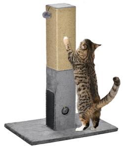 PawHut Albero Tiragraffi per Gatti con 2 Palline Giocattolo e Spazzola, in Legno, Iuta e Peluche, 59.5x39x79 cm, Grigio