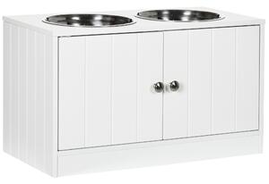 PawHut Ciotole per Cani Rialzate con Armadietto da 44L e 2 Ciotole in Acciaio, 60x30x35.5cm, Bianco|Aosom