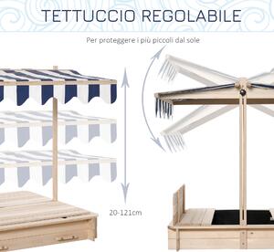 Outsunny Sabbiera per Bambini in Legno con Tettuccio Parasole, Panca e Coperchio, 106x106x121cm Bianco e Blu