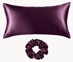 Set federa e scrunchie in raso di seta di gelso Aubergine, set da 2