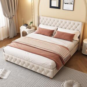 Letto imbottito 140x190 cm, color beige, realizzato in 100% lino, con rete a listelli, capitonatura a bottoni e dettagli in metallo sulla testiera, ideale per la camera da letto