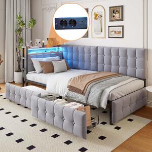 Letto imbottito 90x200 cm, color grigio chiaro, realizzato in velluto al 100%, con 2 cassetti, testiera illuminata a LED e prese USB e di tipo C, ideale per la camera da letto