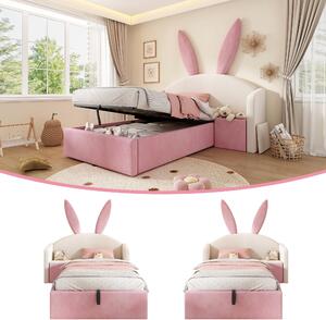 Letto a una piazza e mezza 90x200 cm, imbottito, nei colori beige e rosa, rivestito in velluto, con spazio contenitore idraulico e comodino, ideale per la camera da letto