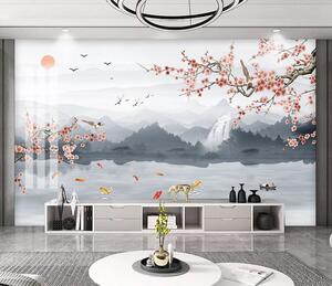 Carta da parati Sakura sullo sfondo del lago e delle montagne, Carta da parati Stile Orientale, u28840 : Uwalls.it