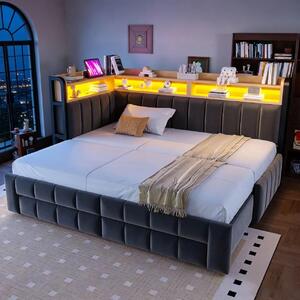 Divano letto imbottito 90x200, letto estraibile 180x200, colore grigio scuro, rivestito in velluto, con illuminazione LED, porte USB e di tipo C, e spazio contenitivo per la camera da letto