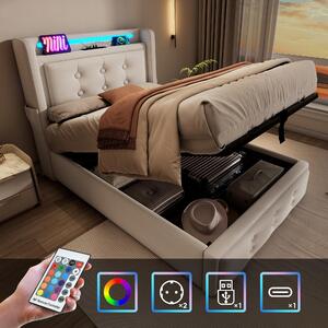 Letto imbottito 90x200 cm, color beige, in cotone, con spazio contenitore, testiera LED e funzione di ricarica USB-C, ideale per la camera da letto