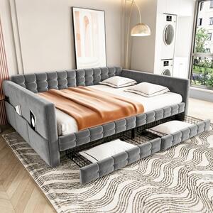 Divano letto imbottito 140x190 cm, grigio, con rivestimento in velluto, contenitore e tasche laterali per la camera da letto