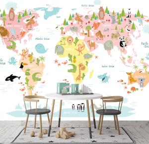 Carta da parati Mappa del mondo con animali, Carta da parati per Bambini, Carta da parati popolare, u32762 - Tapeko.it