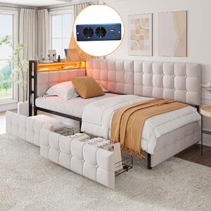 Letto imbottito 90x200 cm, color beige, realizzato in velluto al 100%, divano letto imbottito con 2 cassetti, illuminazione LED e porte USB/Tipo-C, ideale per la camera da letto