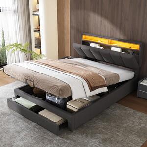 Letto contenitore 140x200 cm, grigio, realizzato in acciaio al 100% con rivestimento in lino al 100%, dotato di testiera LED e contenitore per la camera da letto