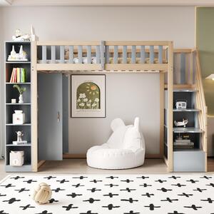 Letto a soppalco 90x200 cm, grigio, in legno massello con armadio e scaffali, ideale per la camera da letto
