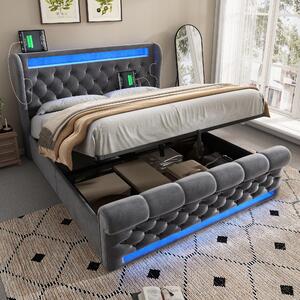 Letto imbottito 140x200 cm, grigio, in velluto, con LED, testiera contenitore, porte USB e di tipo C, e vano contenitore idraulico per la camera da letto