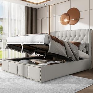 Letto imbottito 140x200 cm, grigio, con rivestimento in cotone e lino, meccanismo di sollevamento idraulico e contenitore per biancheria da letto, ideale per la camera da letto