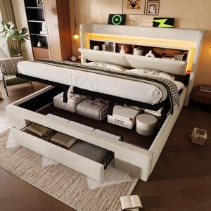 Letto imbottito 160x200 cm, color beige, rivestito in lino, con spazio contenitore a sollevamento idraulico, testiera con vano portaoggetti, illuminazione LED e porte USB e USB-C, ideale per la camera da letto