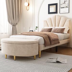 Letto imbottito 90x200 cm, color beige, rivestito in velluto, con testiera a forma di conchiglia, testiera regolabile in altezza e panca imbottita con spazio contenitore