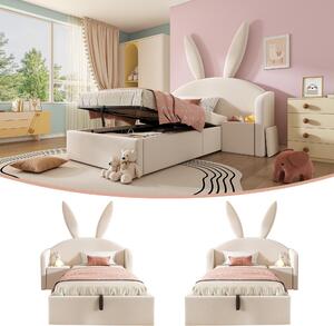 Letto imbottito 90x200 cm, color beige, realizzato in legno al 100%, con struttura in metallo e rivestimento in velluto. Include contenitore sotto il letto e comodino. Ideale per la camera da letto dei ragazzi