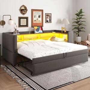Letto imbottito con divano letto estraibile, dimensioni 90/180x190 cm, colore grigio scuro, dotato di luci LED, prese di corrente e vani portaoggetti, ideale per la camera da letto