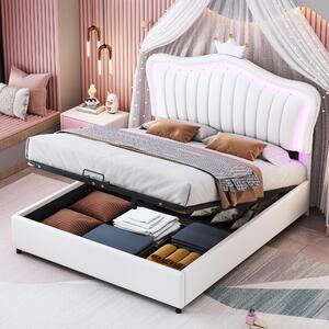Letto per bambini 140x200 cm, imbottito in bianco, rivestito in ecopelle, con spazio contenitore a sollevamento idraulico, illuminazione a LED e testiera a forma di