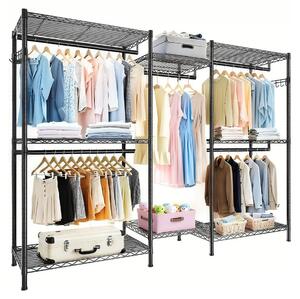 Portaabiti robusto, organizer per armadi freestanding, portaabiti portatile con 8 ripiani in filo metallico e 5 aste appendiabiti, colore nero