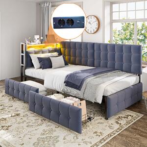 Letto imbottito 90x200 cm, grigio, divano letto imbottito con 2 cassetti, testiera con illuminazione LED, prese USB e di tipo C, struttura del letto