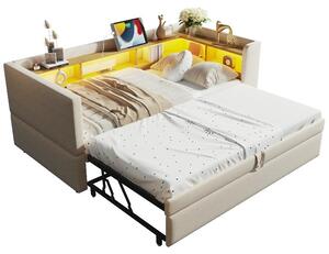 Divano letto estraibile, 90/180x190 cm, color beige, con illuminazione a LED, prese di corrente e vani portaoggetti, ideale per la camera da letto