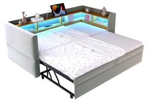 Divano letto estraibile, 90x190 cm aperto fino a 180x190 cm, con struttura imbottita color grigio chiaro, dotato di illuminazione a LED e presa di corrente, ideale per la camera da letto