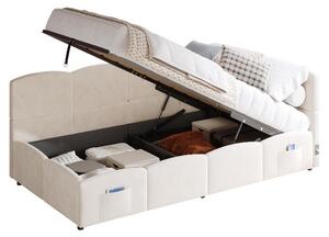 Letto imbottito 90x200 cm, color beige, rivestito in velluto, con spazio contenitore, porte USB-A e USB-C, rete a doghe, divano letto per la camera da letto