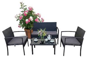 Set di mobili da giardino Relaxdays, set da salotto in rattan da 4 pezzi, per 4 persone, panca, sedie e tavolo in vetro, mobili da relax, da esterno, nero