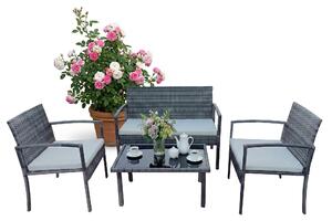 Set di mobili da giardino Relaxdays, set da salotto in rattan da 4 pezzi, per 4 persone, panca, sedie e tavolo in vetro, mobili da relax, da esterno, grigio