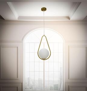 Lampadario in metallo dorato con sfera in vetro bianco., GLAMY , Dimensioni 24x20xh 46 cm sfere in vetro bianco