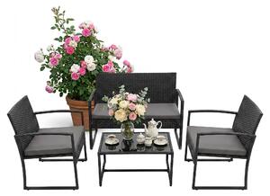 Set di mobili da giardino Relaxdays, set da salotto in rattan da 4 pezzi, per 4 persone, panca, sedie e tavolo in vetro, mobili da relax, da esterno, nero