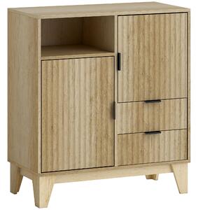 HOMCOM Buffet soggiorno 2 porte cannelate, 2 cassetti, ripiano regolabile, vano aperto, 80 x 40 x 90 cm, legno naturale | Aosom Italy
