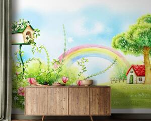 Carta da parati Arcobaleno e fiori in un campo verde, Carta da parati per Bambini, Carta da parati popolare, u57050 - Tapeko.it