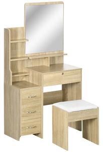 HOMCOM Set da Toeletta con Specchiera da Trucco con Sgabello Imbottito Grande Specchio + Diversi Ripiani Aperti + 4 Cassetti Legno Naturale