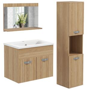 Kleankin Set di mobili per il bagno armadietto specchiera + mobile sottolavabo sospeso con lavabo + colonna naturale