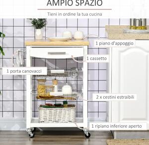 HOMCOM Carrello da Cucina con Cassetto, Cestini e Ruote Girevoli, 63x40x86cm, Bianco