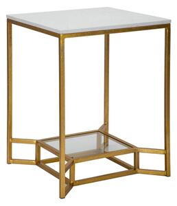 Tavolinetto Double Marble 47x47x60 cm in Ferro e Vetro e Marmo Oro e Bianco