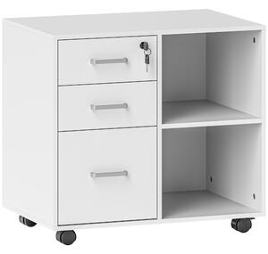 HOMCOM Cassettiera Portadocumenti da Ufficio con 3 Cassetti, Ruote, Serratura e Chiavi, 60x40x56 cm, Bianco