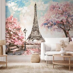 Carta da parati murale Il romanticismo di Parigi sotto i ciliegi in fiore, Carta da parati popolare, Carta da parati popolare, u74631 - Muralas.it
