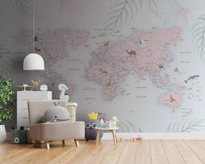 Carta da parati Mappa del mondo con animali, Carta da parati per Bambini, Carta da parati popolare, u79832 - Tapeko.it