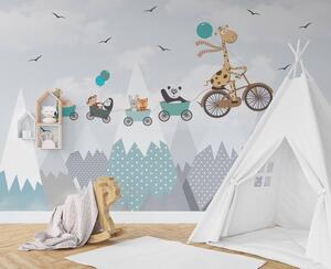 Carta da parati Giraffa in bicicletta con treno e animali, Carta da parati per Bambini, Carta da parati popolare, u93575 - Tapeko.it